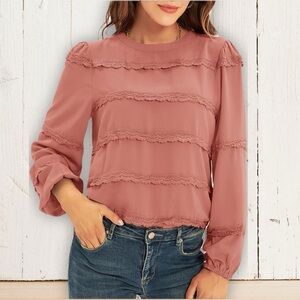 Women's Lace Trim Blouse - Pink